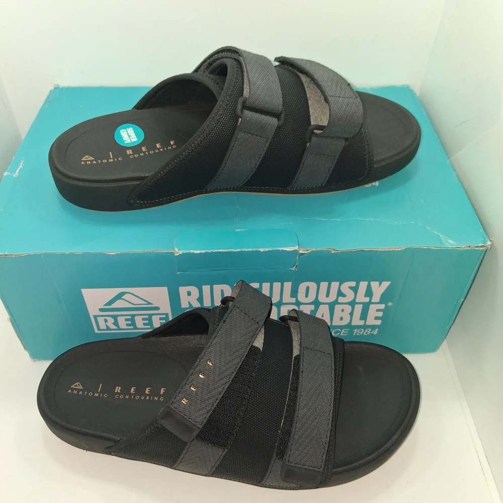 Reef Men's Black and Dark Gray Strapped Slide Sandals